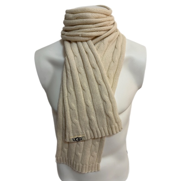 UGG Cream Cable Knit Scarf – 100% Wool Winter Wrap - Picture 1 of 9